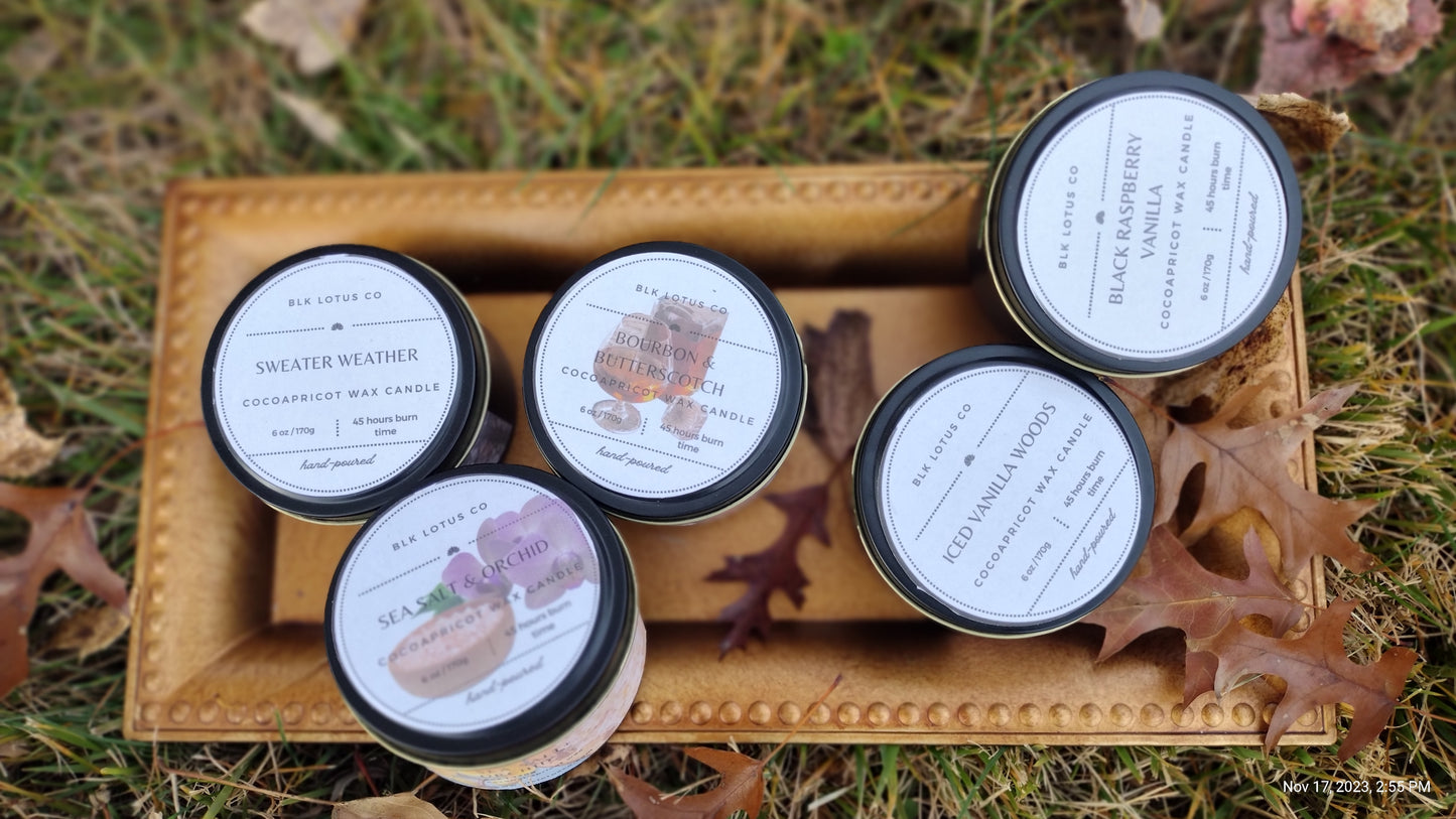 Bourbon & Butterscotch : 6 oz Black Matte Tin Coco Apricot Wax Candle Wooden wick