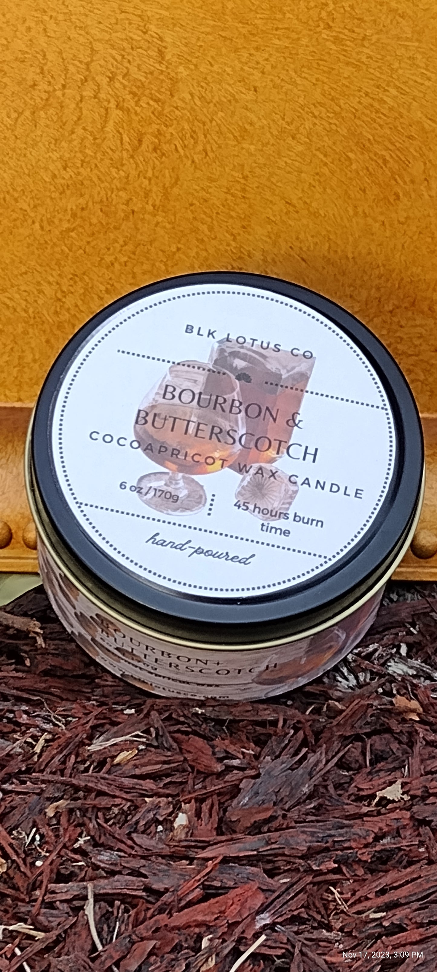 Bourbon & Butterscotch : 6 oz Black Matte Tin Coco Apricot Wax Candle Wooden wick