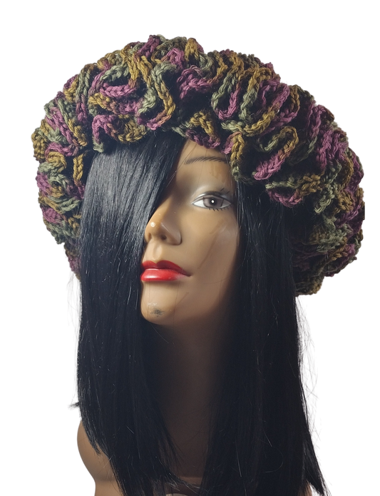 **LIMITED EDITION** Blk Lotus Co Diva Crown with Olive Green Beanie and Merino Wool Mauve and tones of green Ruffles: Luxury Meets Elegance