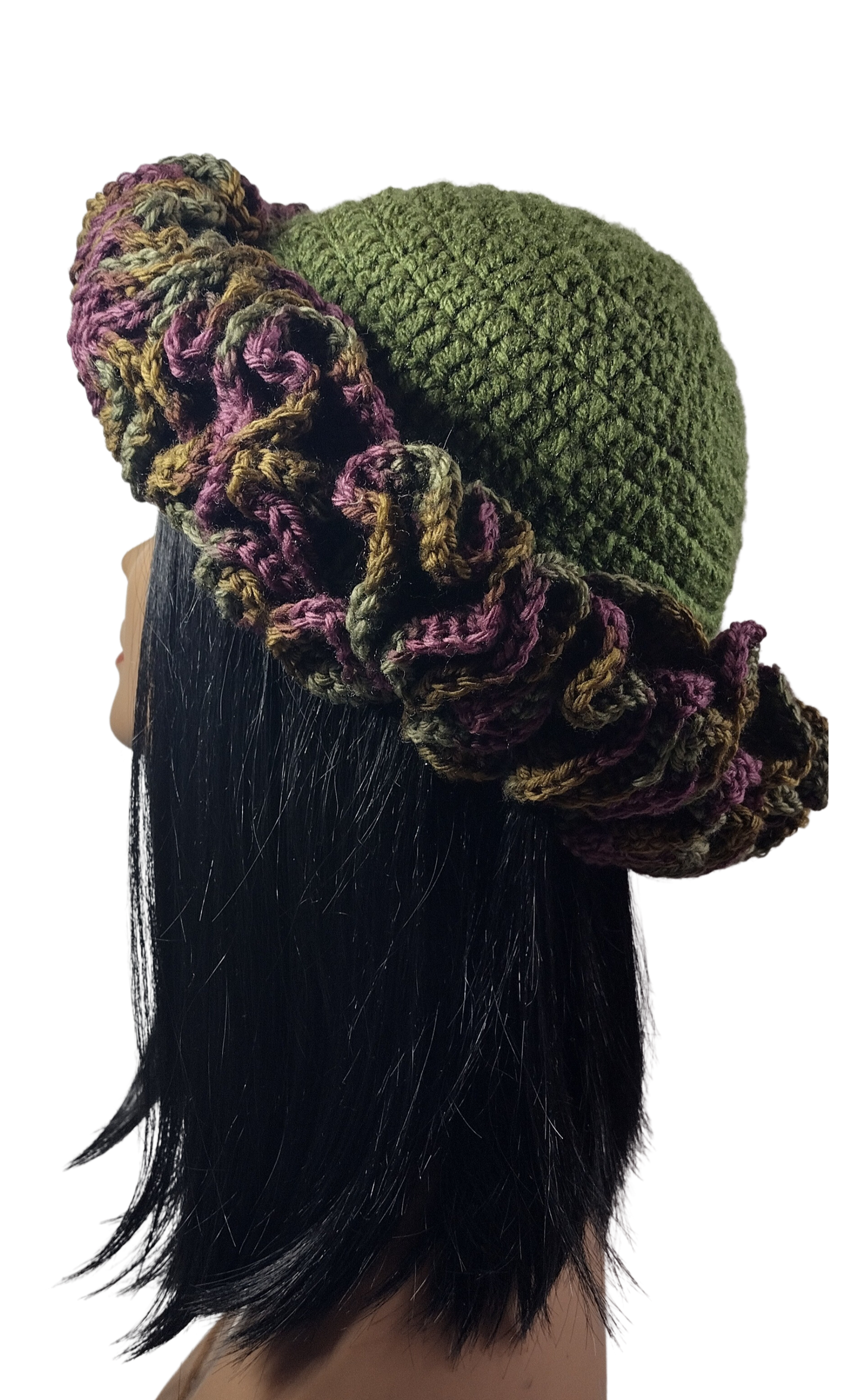 **LIMITED EDITION** Blk Lotus Co Diva Crown with Olive Green Beanie and Merino Wool Mauve and tones of green Ruffles: Luxury Meets Elegance