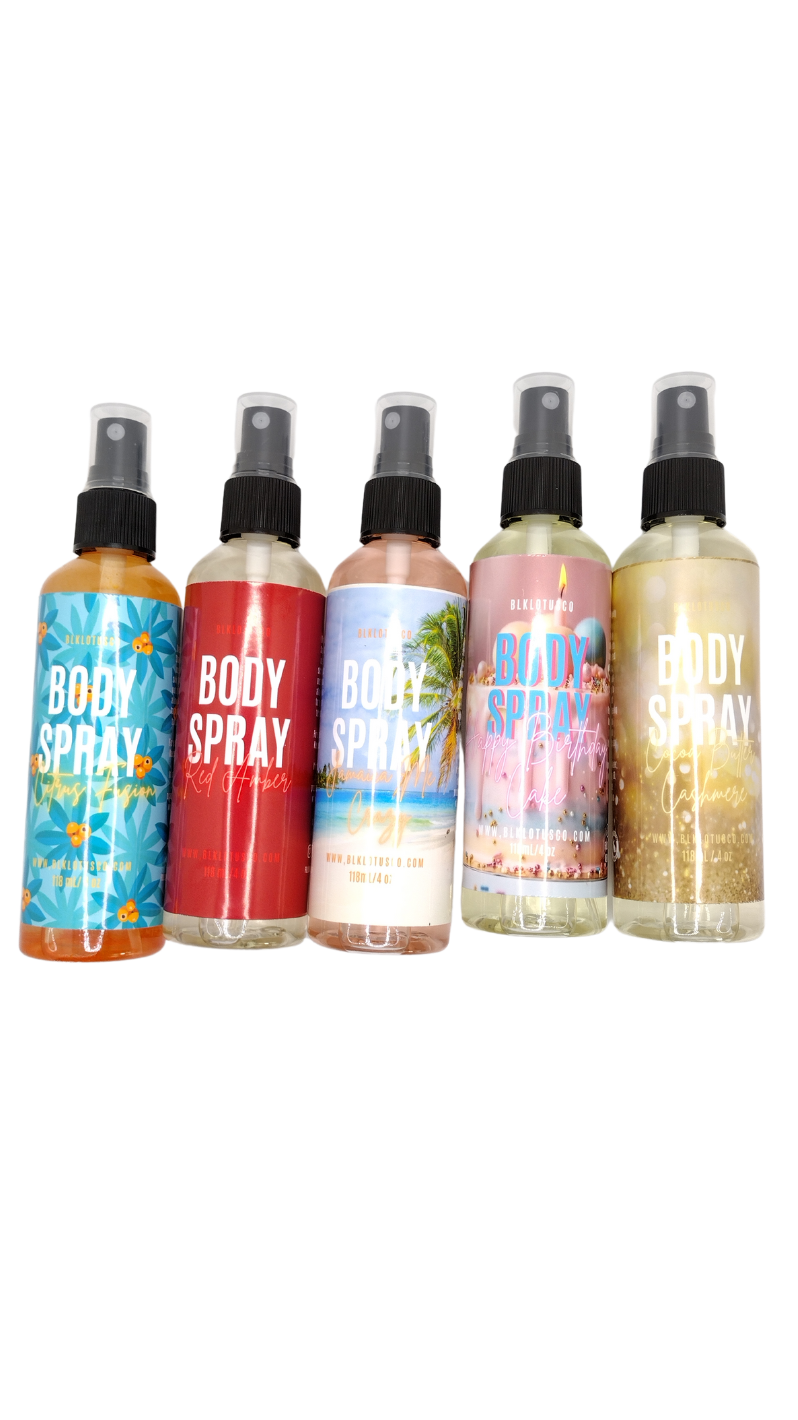 Elevate Your Senses: Blk Lotus Co's Luxurious Body Spray Collection - Cocoa Butter Cashmere, Citrus Fusion, Jamaica Me Crazy, Happy Birthday Cake, and Red Amber