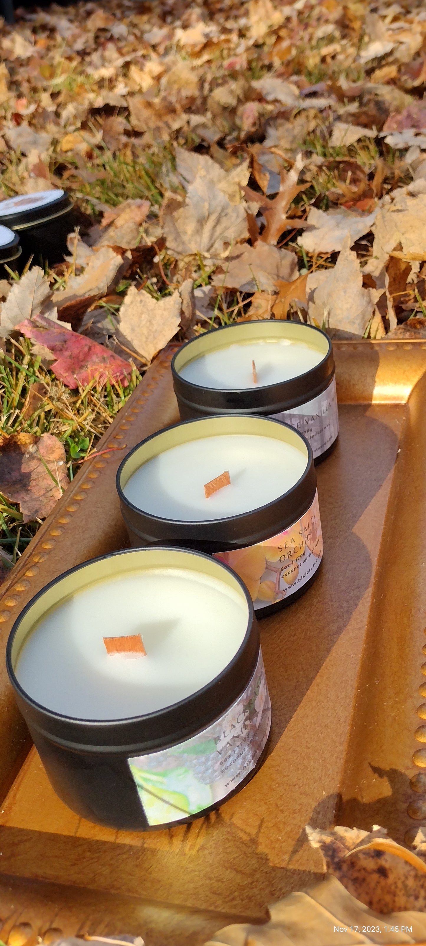 Embrace Cozy Vibes: 6 oz Black Tin Sweater Weather Coco Apricot Wax Candle with Wooden Wick