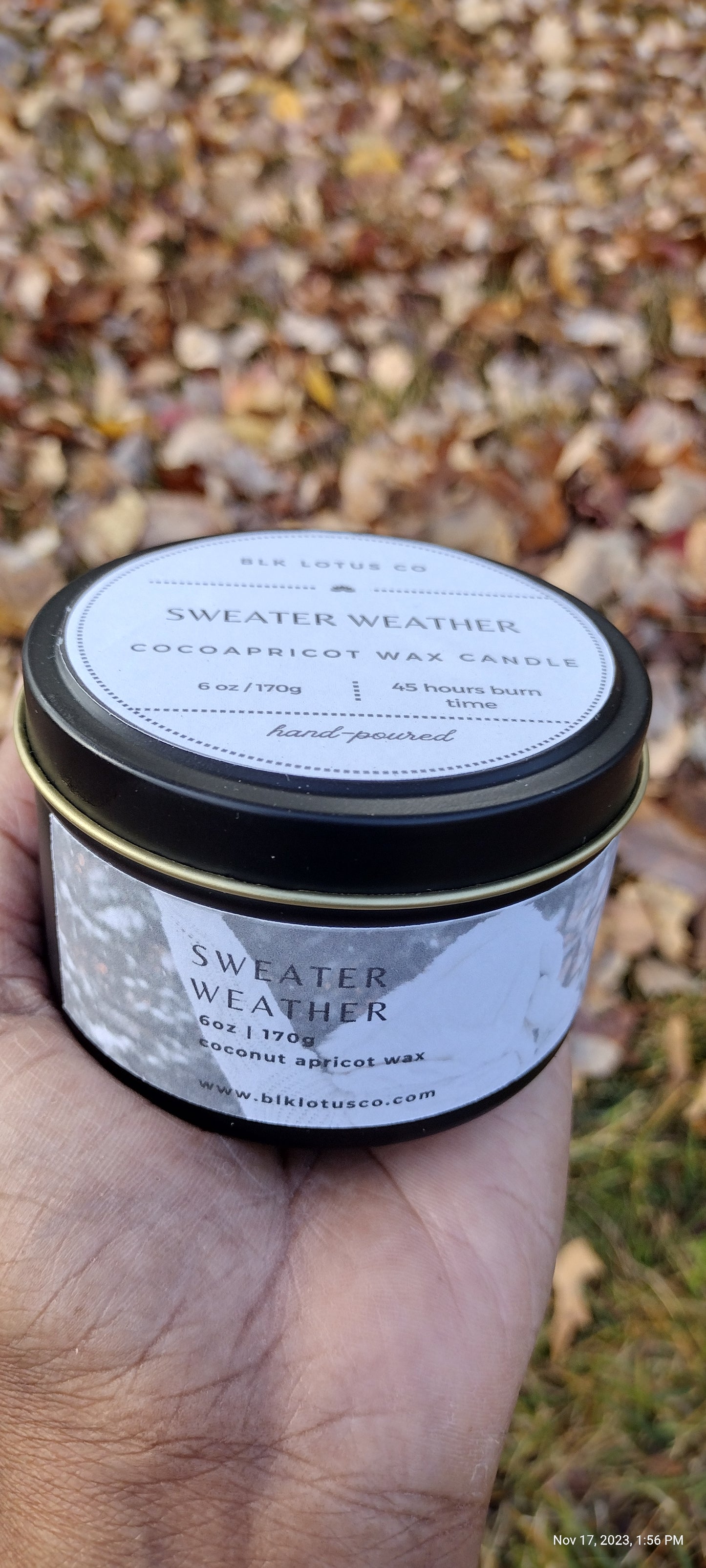 Embrace Cozy Vibes: 6 oz Black Tin Sweater Weather Coco Apricot Wax Candle with Wooden Wick