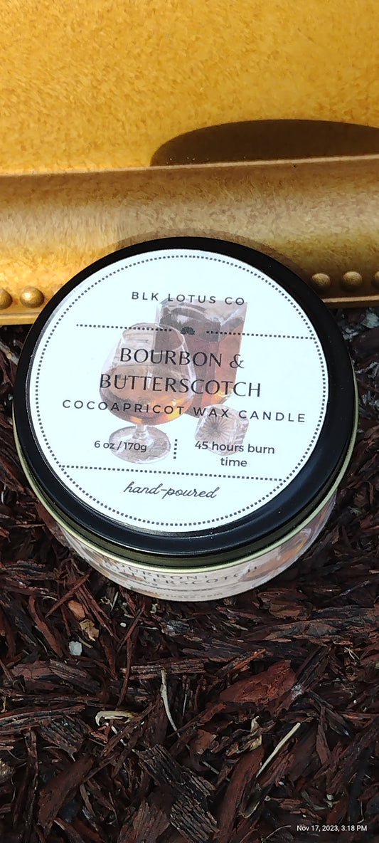Bourbon & Butterscotch : 6 oz Black Matte Tin Coco Apricot Wax Candle Wooden wick