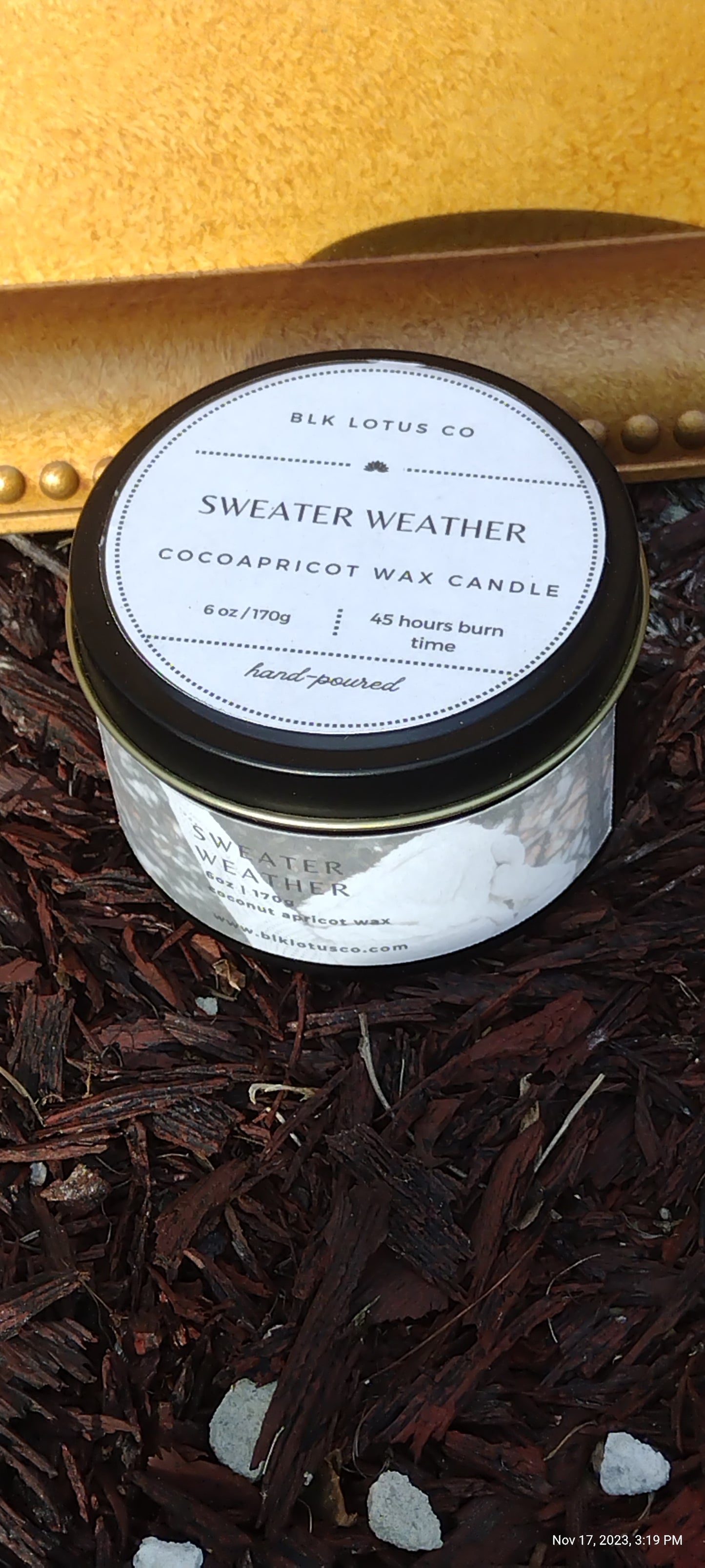 Embrace Cozy Vibes: 6 oz Black Tin Sweater Weather Coco Apricot Wax Candle with Wooden Wick