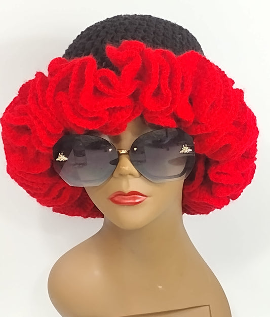 Blk Lotus Co Diva Crown with Black Beanie and Red Ruffles: Bold and Glamorous Accessory