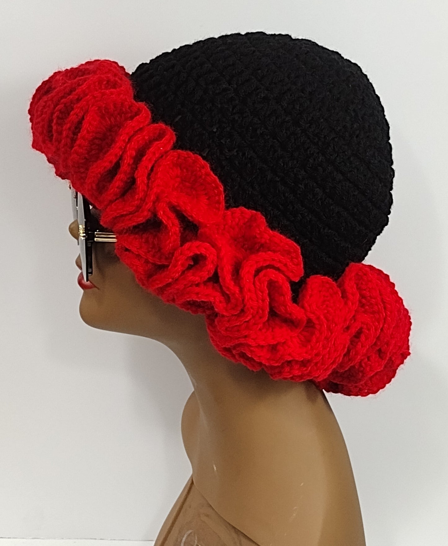 Blk Lotus Co Diva Crown with Black Beanie and Red Ruffles: Bold and Glamorous Accessory