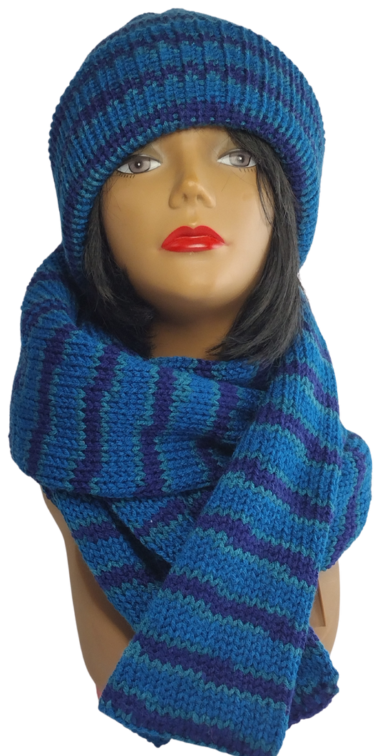 Cozy and Chic: Multi-Blue Hand-Knitted Slouchy Wide-Brim Beanie Hat And Scarf Set