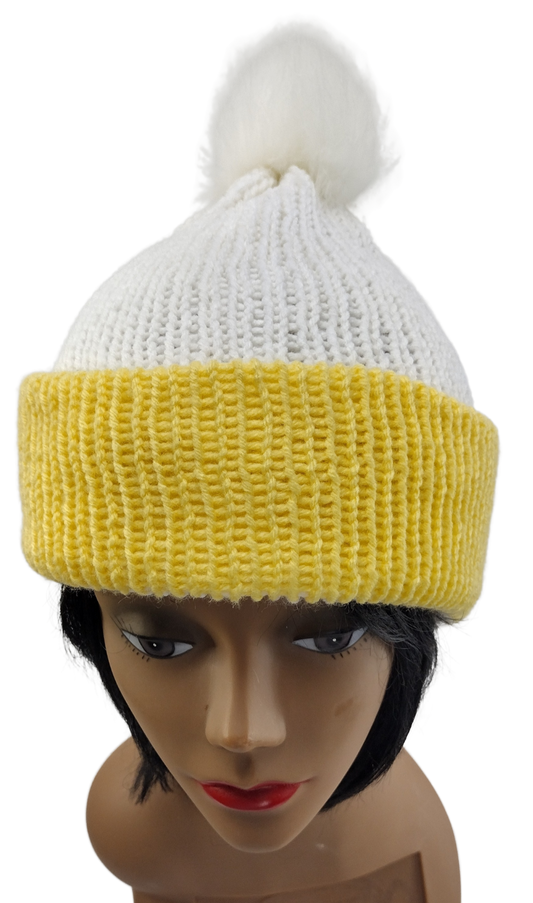 Yellow and White Knitted Double Lined Slouchy Beanie