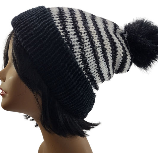 Knitted Black and White Stripe Wide Brim Slouchy Beanie