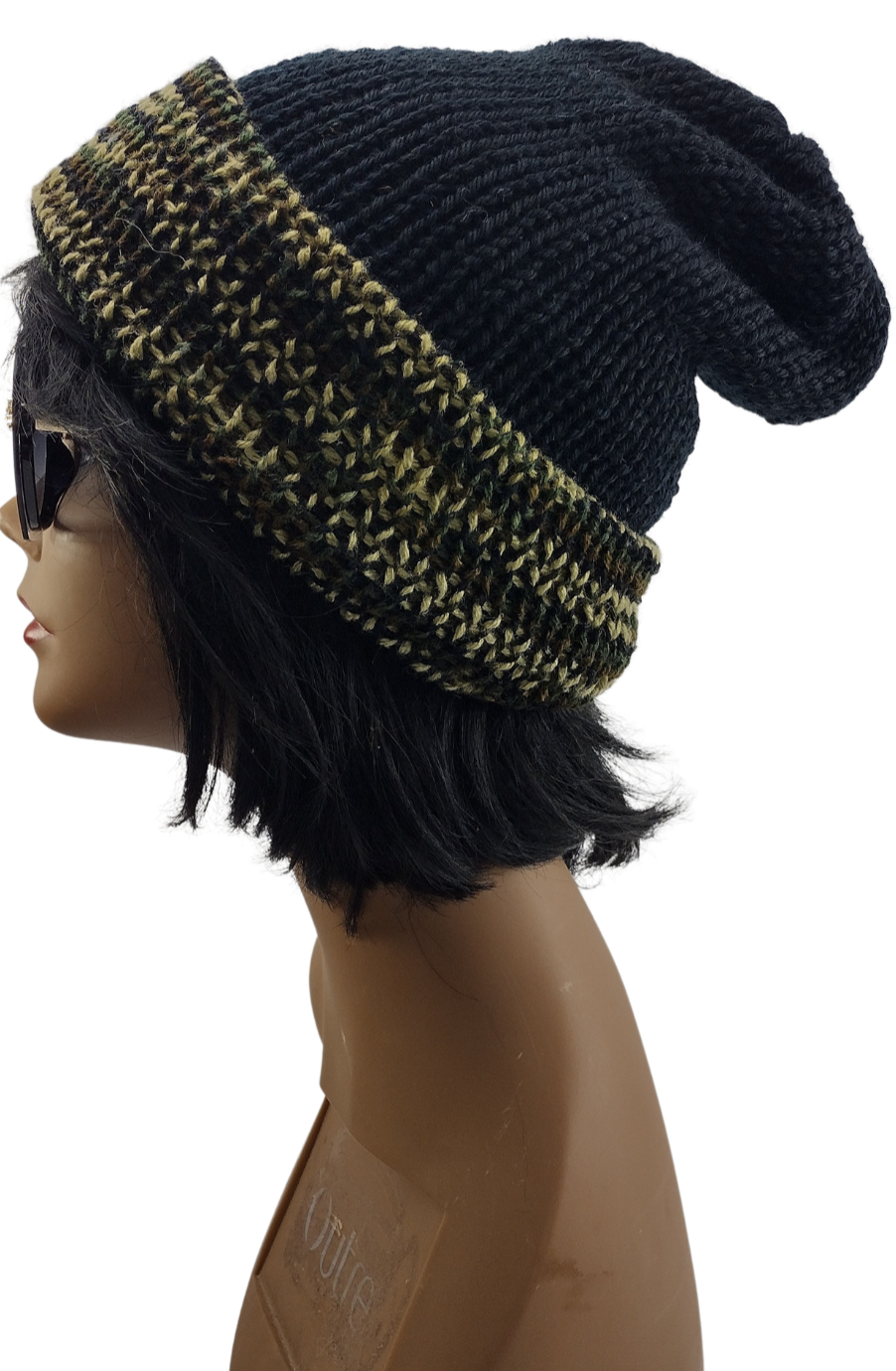 Unisex Slouch Knitted Camouflage and Black Knit Double Layer Fold Over Slouchy Beanie - Unisex - For Men or Women - Ready to Ship