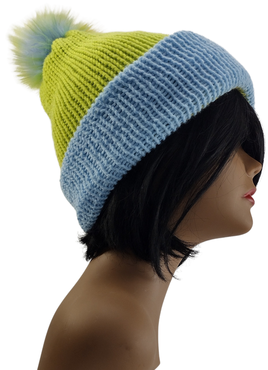 Knitted Lime Green and Light Blue Slouchy Double Lined Wide Brim Beanie