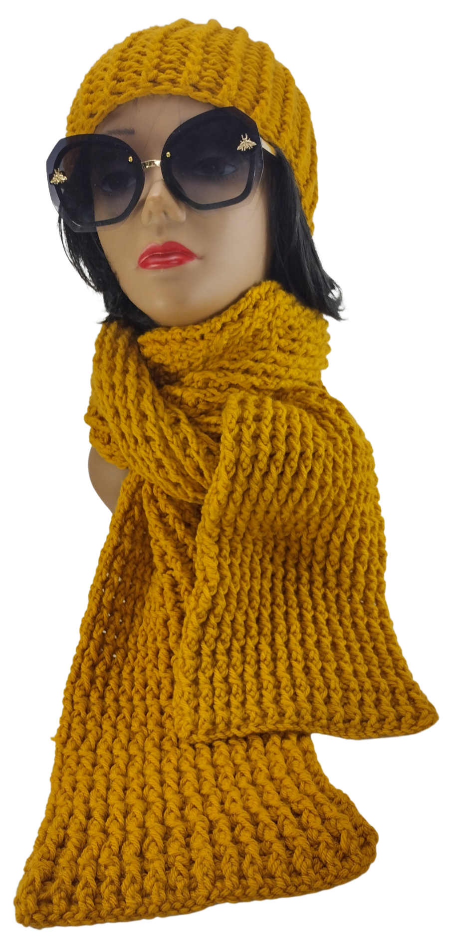Crocheted Ribbed stitched Snug Fit adult Gold Beanie, Scarf Set, Great Gift For her of a gift for him