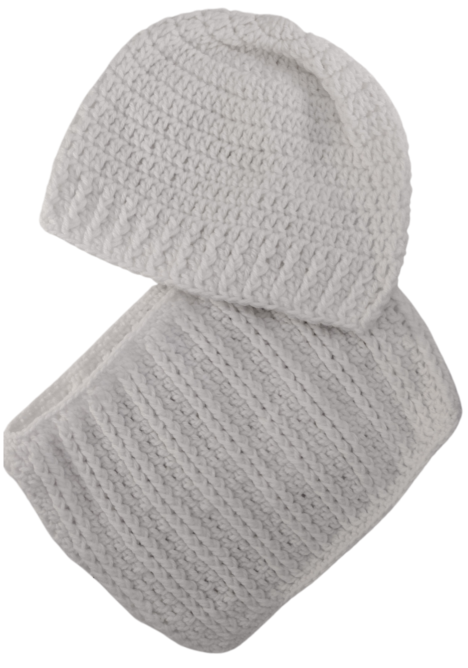 White Acrylic Yarn Crochet Adult Beanie and Scarf Set. Perfect Gift for Her or a Gift For Him Unisex Scarf Set.